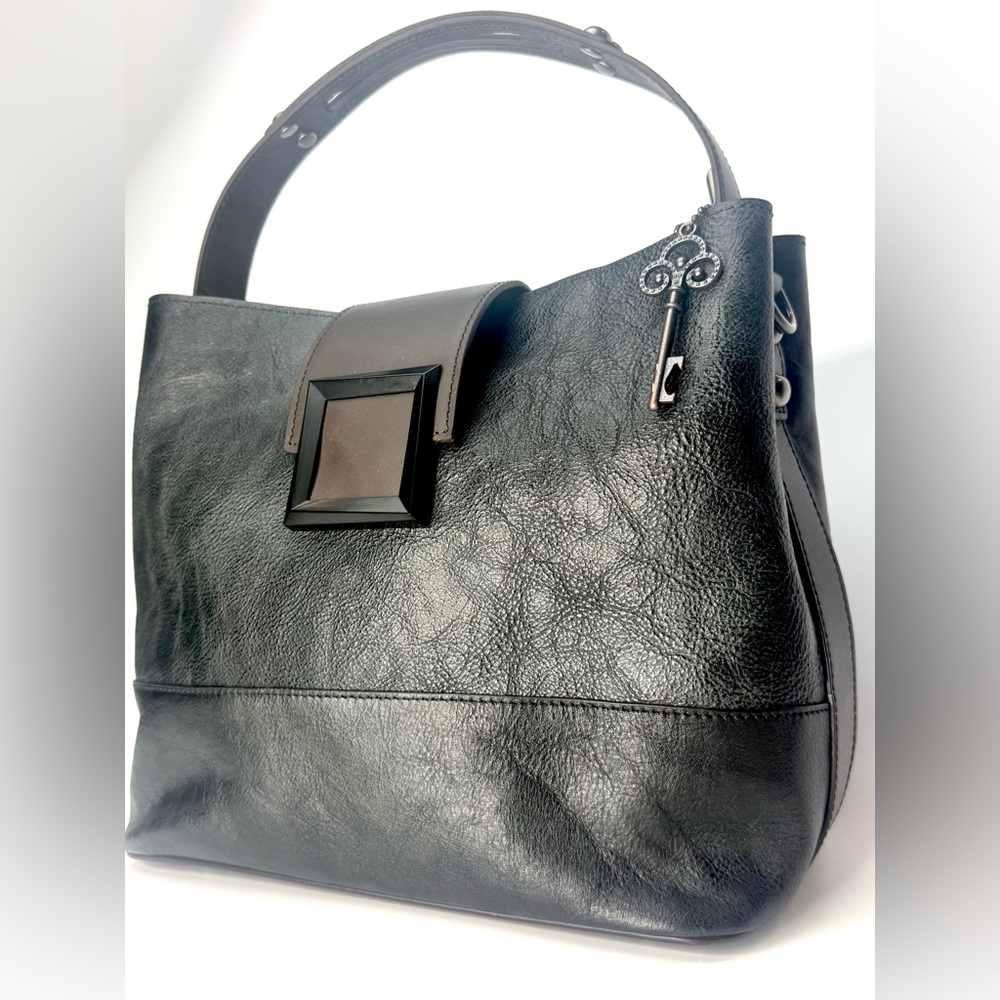 Black Genuine Leather Tote Bag w/ Square Buckle & Key Charm – Like New